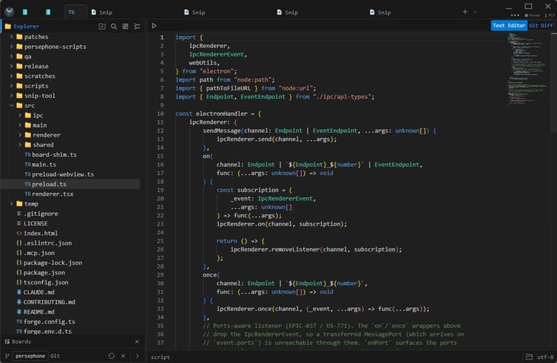 Monaco editor with preload.ts and the project Explorer