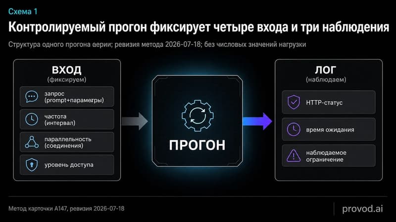 Диагностическая схема контролируемого прогона: четыре фиксированных входа и три наблюдаемых поля лога