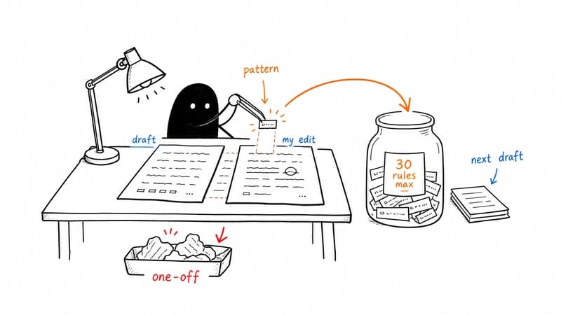 Hand-drawn feedback loop showing how human edits become reusable writing rules for future AI-generated drafts.