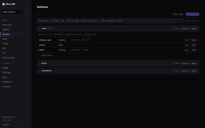 The MoonDB dashboard schema editor showing the todos and users tables generated from the JSON schema