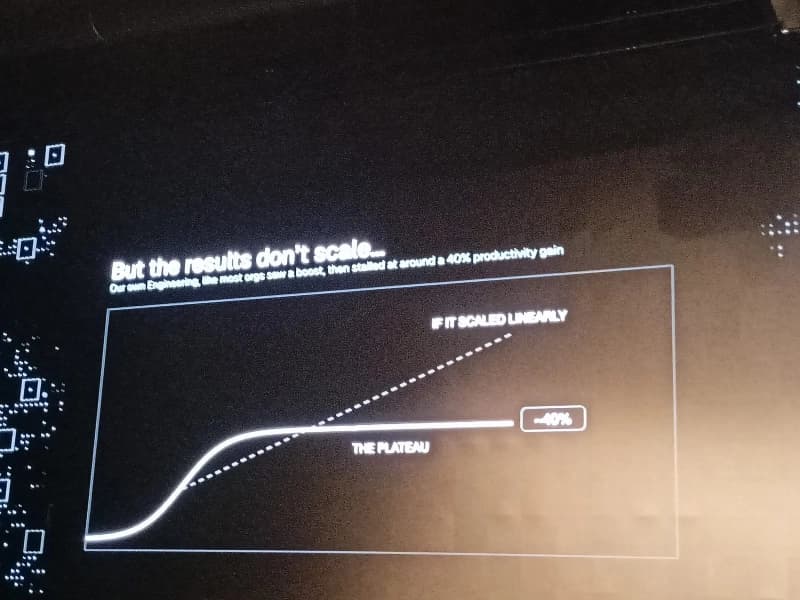 Conference slide: a productivity curve that flattens into a plateau around 40%, with a dotted line showing where it would be if it scaled linearly.