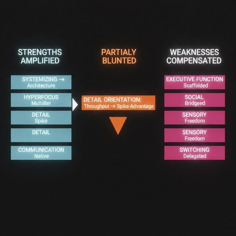 Nine autism-associated traits mapped: strengths amplified, weaknesses compensated, one partially blunted