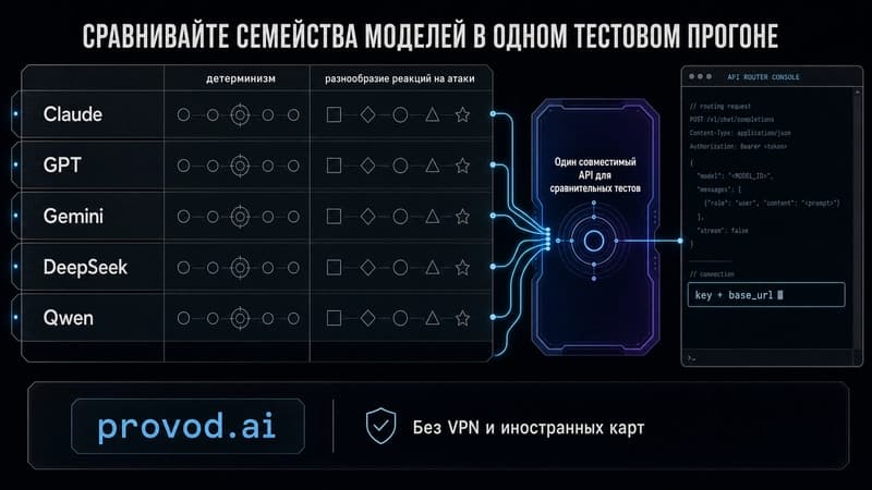Сопоставление семейств моделей Claude, GPT, Gemini, DeepSeek и Qwen по параметрам детерминизма и разнообразия реакций на атаки