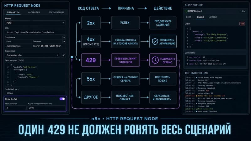 Карта отладки: коды ответов, причина и действие в n8n