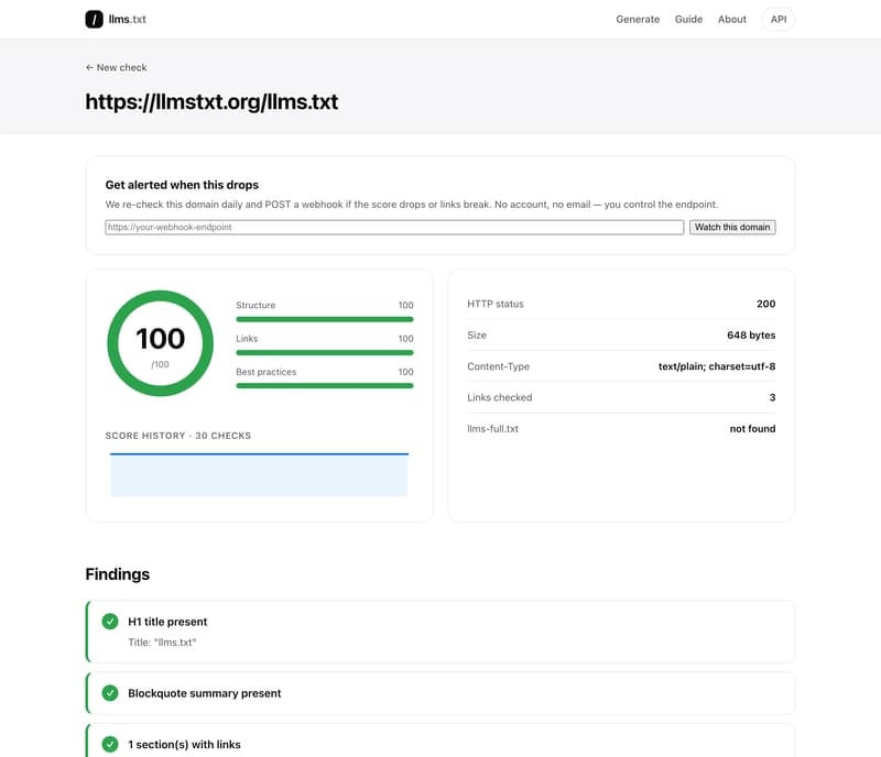 A 100/100 llms.txt report broken down by Structure, Links and Best practices