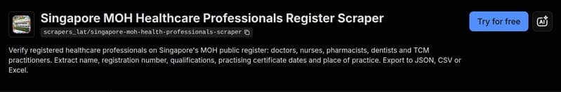 The Singapore MOH Healthcare Professionals Register Scraper on the Apify Store