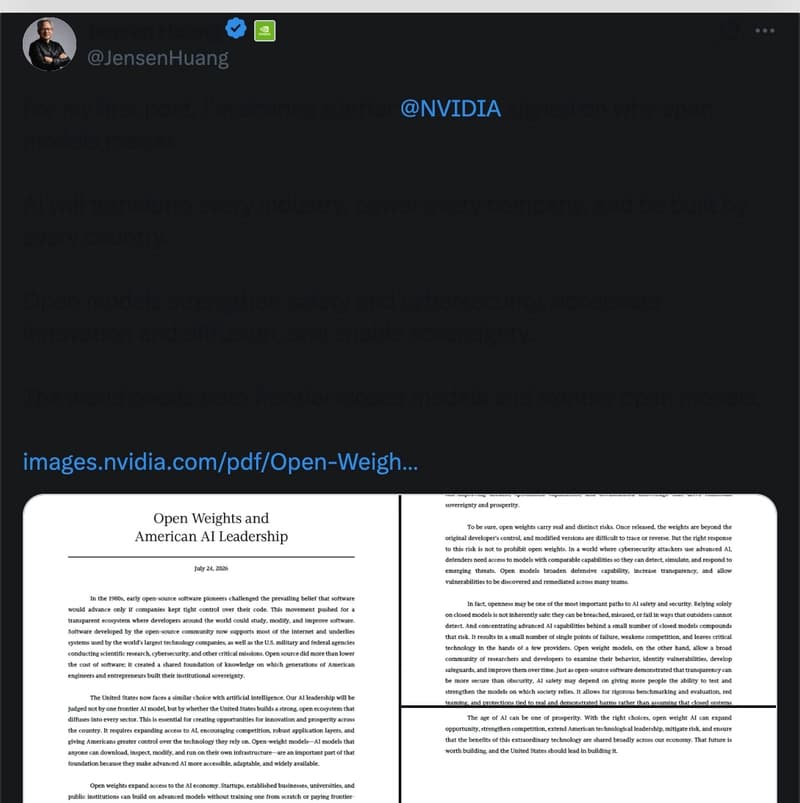 Jensen Huang's first X post sharing NVIDIA's open-weight letter