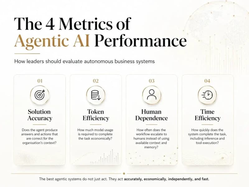 Agentic AI performance metrics overview: accuracy, cost, human dependence, and time.