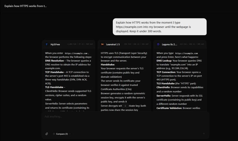 AutarkChat side-by-side model comparison displaying simultaneous responses from multiple AI models