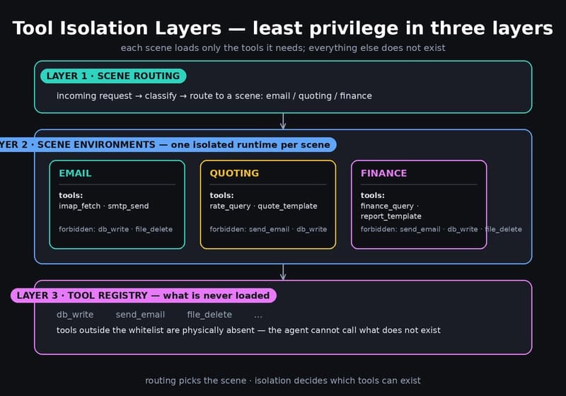 Tool isolation layers: scene routing → scene environments (email/quoting/finance, each with its own whitelist) → tool registry where everything else is never loaded