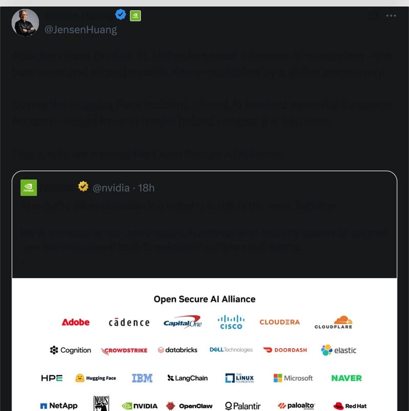 LeCun/Huang post about defenders needing frontier AI ecosystem