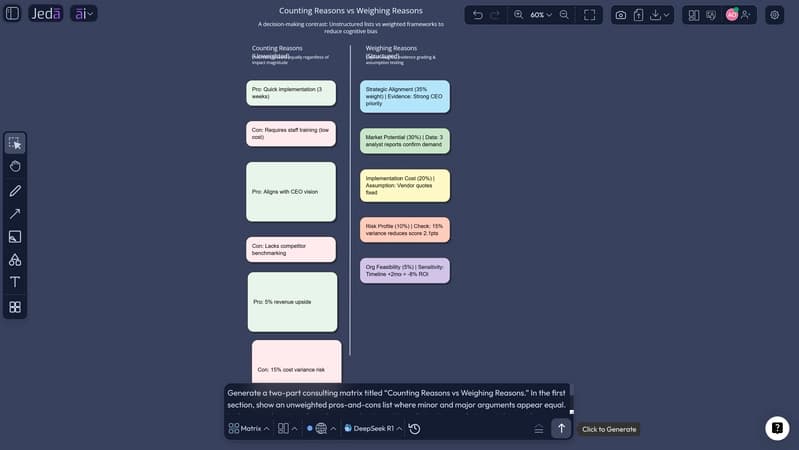 Weighted Pros and Cons process for defensible consulting recommendations.