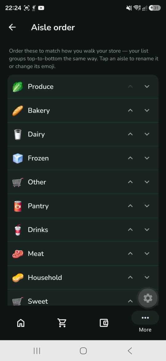 The Aisle order editor in the More tab: every category as an emoji + name row, arranged in your walking order