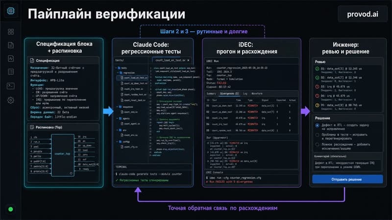 Схема пайплайна: Claude Code читает распиновку и схему, генерирует регрессионные тесты, iDEC прогоняет их, инженер ревьюит результат