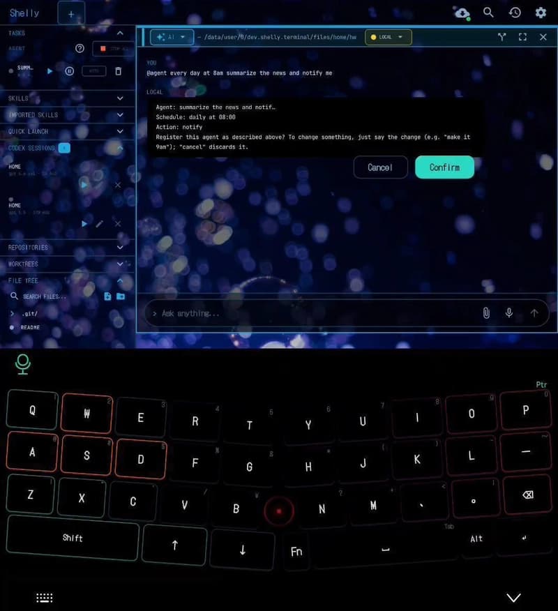 Agent registration confirmation card in the AI pane, shown over the on-screen keyboard
