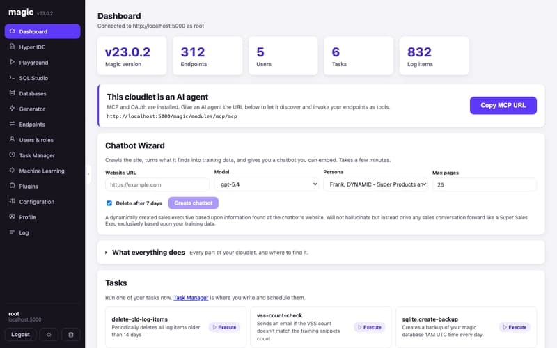 The new Magic Cloud dashboard, showing KPI cards, the MCP agent banner and the Chatbot Wizard
