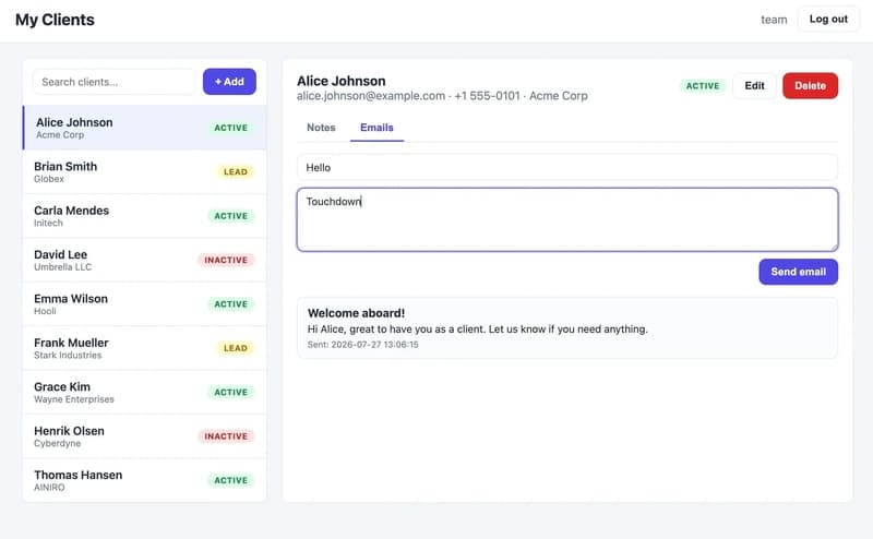 The Emails tab — a generated endpoint looks up the client and dispatches through platform SMTP