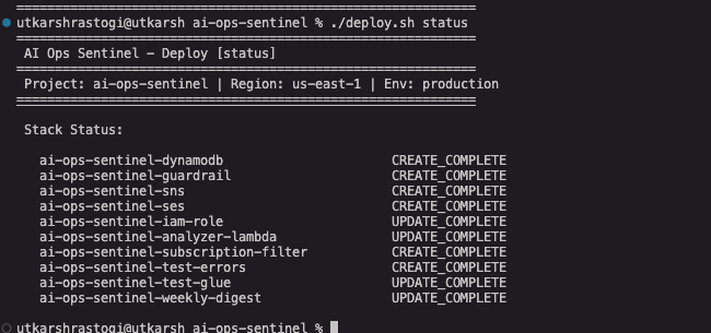 Terminal output of ./deploy.sh status showing all stacks healthy