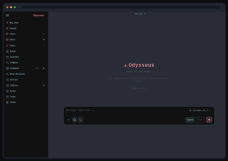The browser interface of the Odysseus self-hosted AI workspace