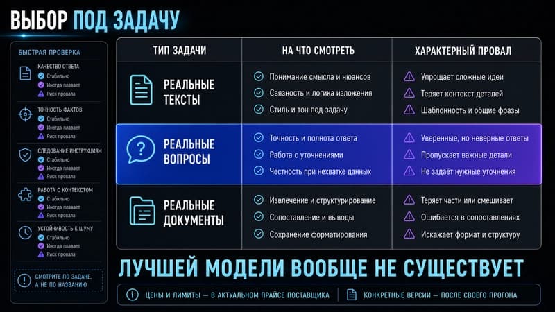 Матрица выбора модели под тип задачи и характерные провалы