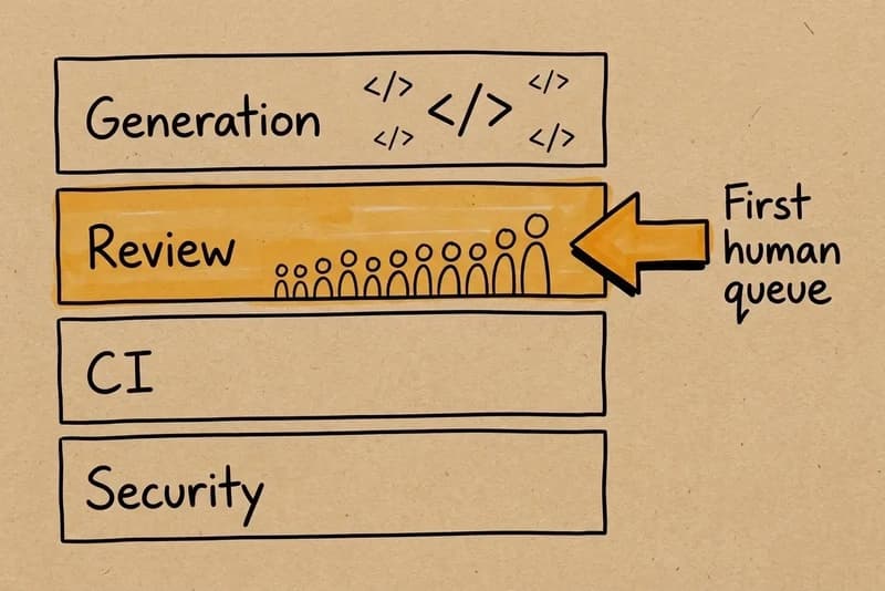 Kraft paper sketch of stacked bands for Generation, Review, CI, and Security, with an amber arrow marking Review as the first human queue