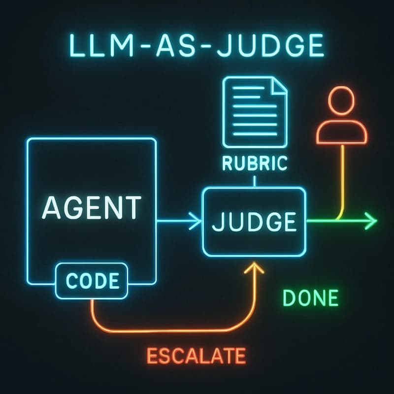 LLM-as-Judge architecture: primary agent generates output, judge model evaluates against rubric and returns DONE, CONTINUE, or ESCALATE verdict with specific issues