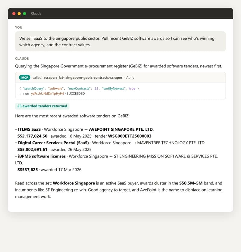 Claude calling the GeBIZ tool and answering with live award data