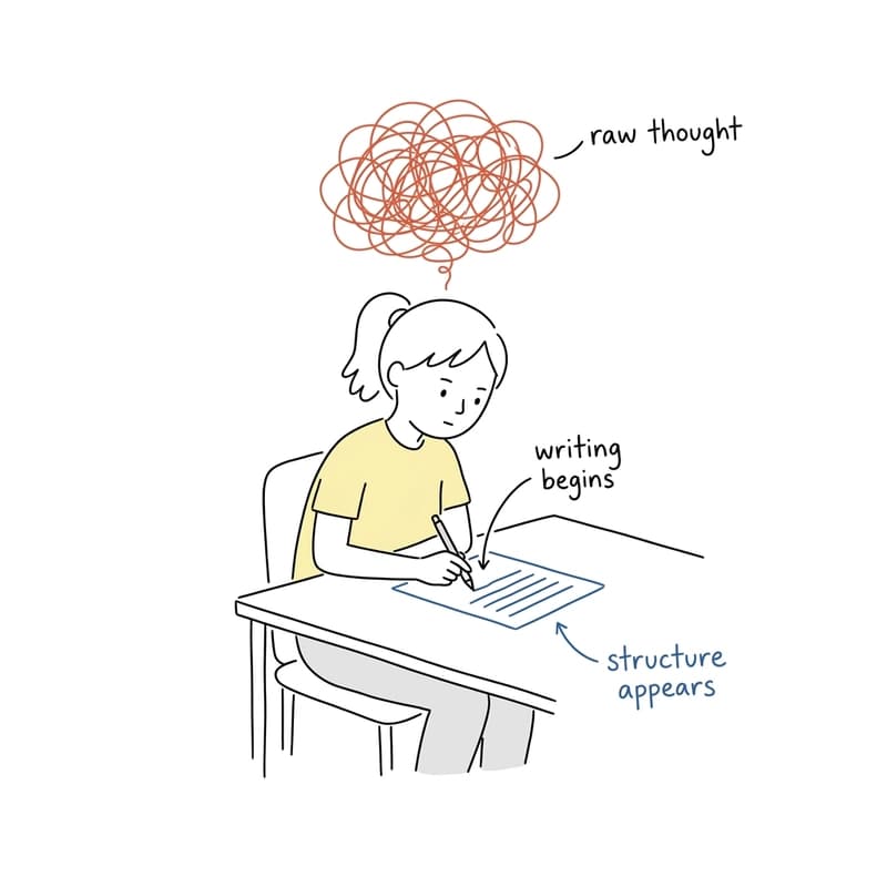 A girl writing at a desk, a tangled thought cloud above her, clean lines appearing below, with labels raw thought, writing begins, structure appears