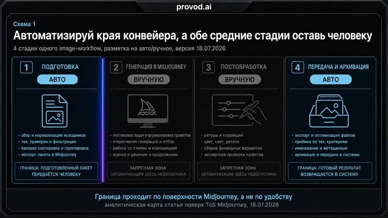 Схема из четырёх стадий workflow: подготовка и архивирование автоматизируются, передача и получение остаются ручными