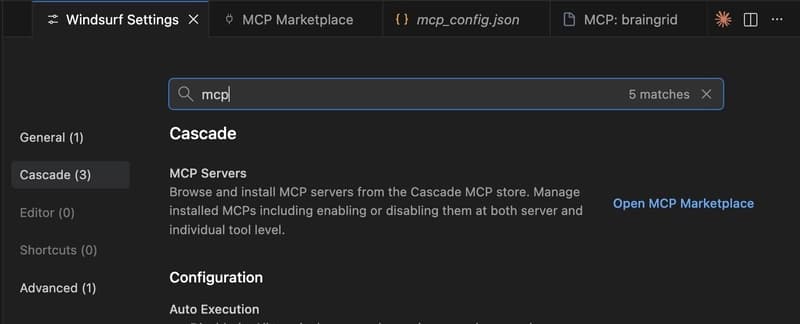 Windsurf MCP Marketplace in settings