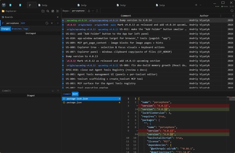 Git tree of the Persephone repo with the diff panel