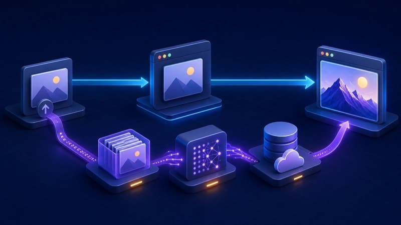 End-to-end asynchronous AI image upscaling pipeline from upload through cache and model processing to the finished image.