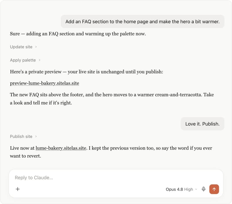 Claude adding a section and restyling the site, returning a private preview URL, then publishing only after you say go.