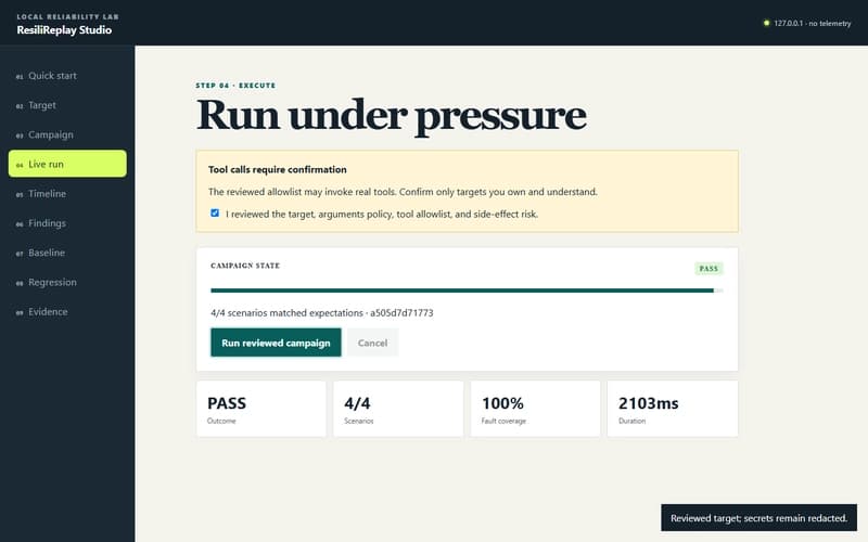 ResiliReplay Studio showing a reviewed MCP campaign, causal timeline, baseline comparison, and generated regression evidence