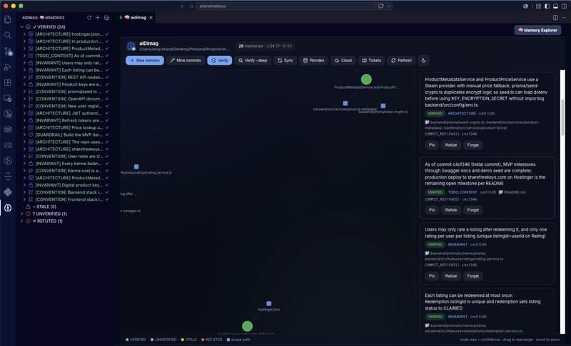 AiDimag dashboard and list of memories in IDE