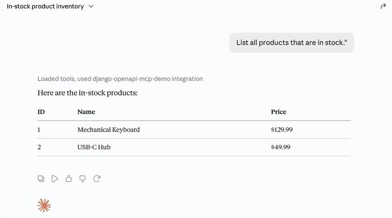 Claude displaying the in-stock products table