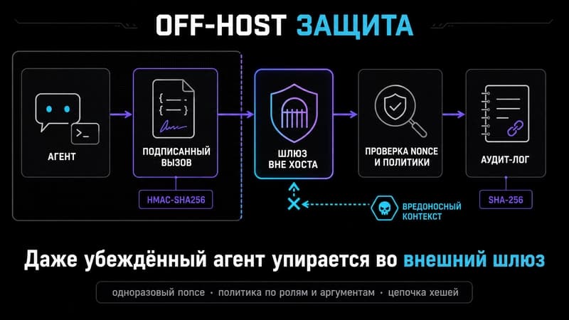 Диаграмма потока авторизации: агент, подписанный вызов, проверка nonce и политики, аудит-лог