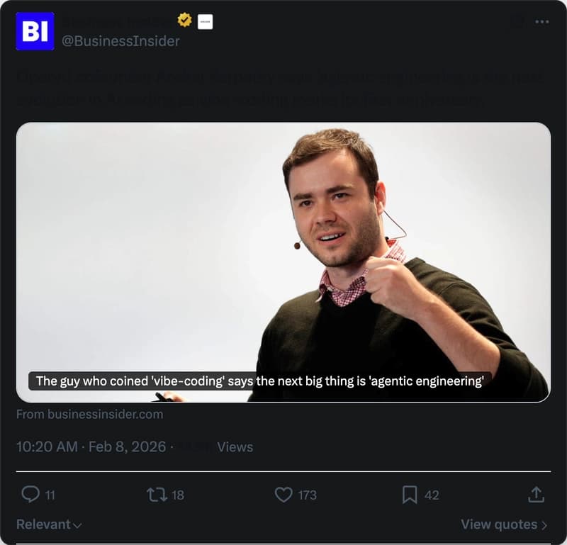Business Insider on X — OpenAI cofounder Andrej Karpathy says agentic engineering is the next evolution in AI coding