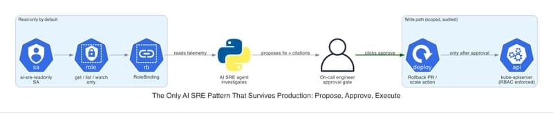 The only AI SRE pattern that survives production: propose, approve, execute