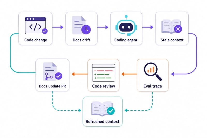 Flow showing code changes causing documentation drift, stale agent context, eval or review detection, and a documentation update pull request that refreshes context.