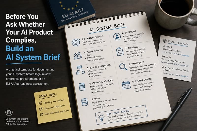 AI system brief template showing intended purpose, users, data, human oversight, evidence, and review history for EU AI Act readiness