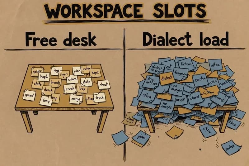 Sketchnote of a small desk of intermediate sticky notes on the left and the same desk buried under dialect rule notes on the right