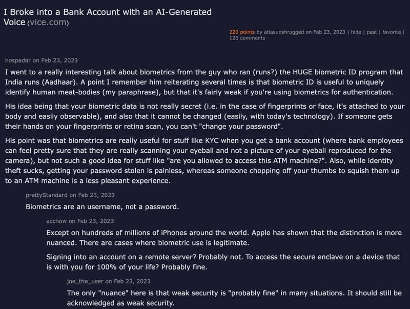 Hacker News discussion: I Broke into a Bank Account with an AI-Generated Voice