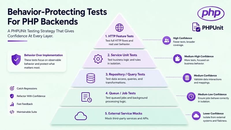PHPUnit testing pyramid for PHP backends with layers labeled HTTP Feature Tests, Service Unit Tests, Repository/Query Tests, Queue/Job Tests, and External Service Mocks on a soft mint background with PHP purple accents