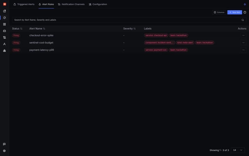 Alert rules: checkout-error-spike, payment-latency-p99, and sentinel-cost-budget firing