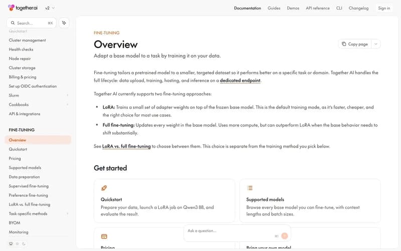 Together AI fine-tuning documentation overview, showing the two supported approaches: LoRA, which trains adapter weights on a frozen base model and is the default, and full fine-tuning, which updates every weight