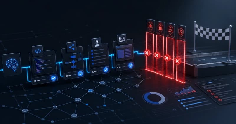 AI agent workflow moving toward a finish line but stopping at red failed verification gates.