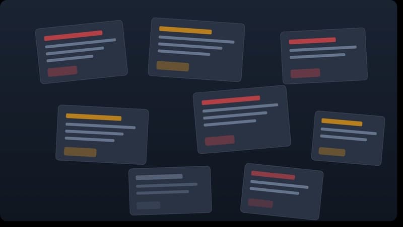 Scattered disconnected security incident cards representing fragmented SOC knowledge