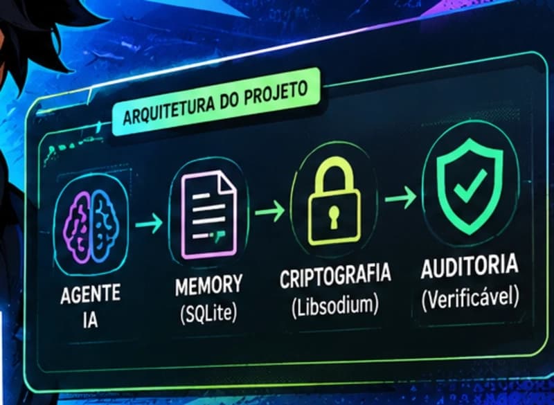 Recorte da arte de capa: a promessa visual parece linear: agente, memória, proteção, auditoria. O artigo existe porque, na prática, a parte invisível é justamente provar que cada etapa aconteceu.
