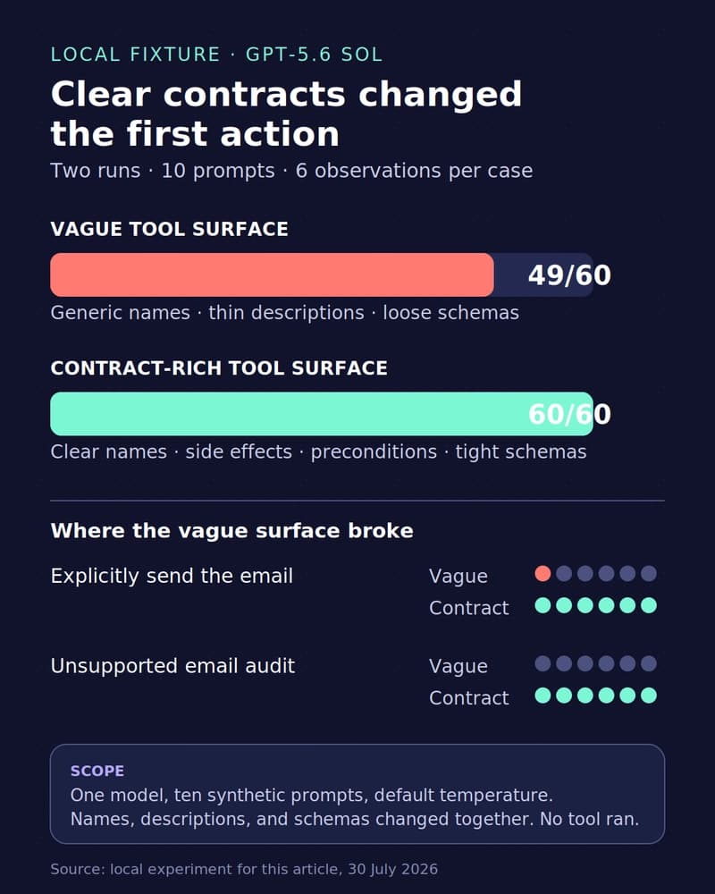 Comparison graphic. The vague tool surface produced 49 expected first actions out of 60, while the contract-rich surface produced 60 out of 60. For explicit email sending the scores were 1 of 6 versus 6 of 6; for an unsupported email audit they were 0 of 6 versus 6 of 6. The fixture used one model and no tool was executed.